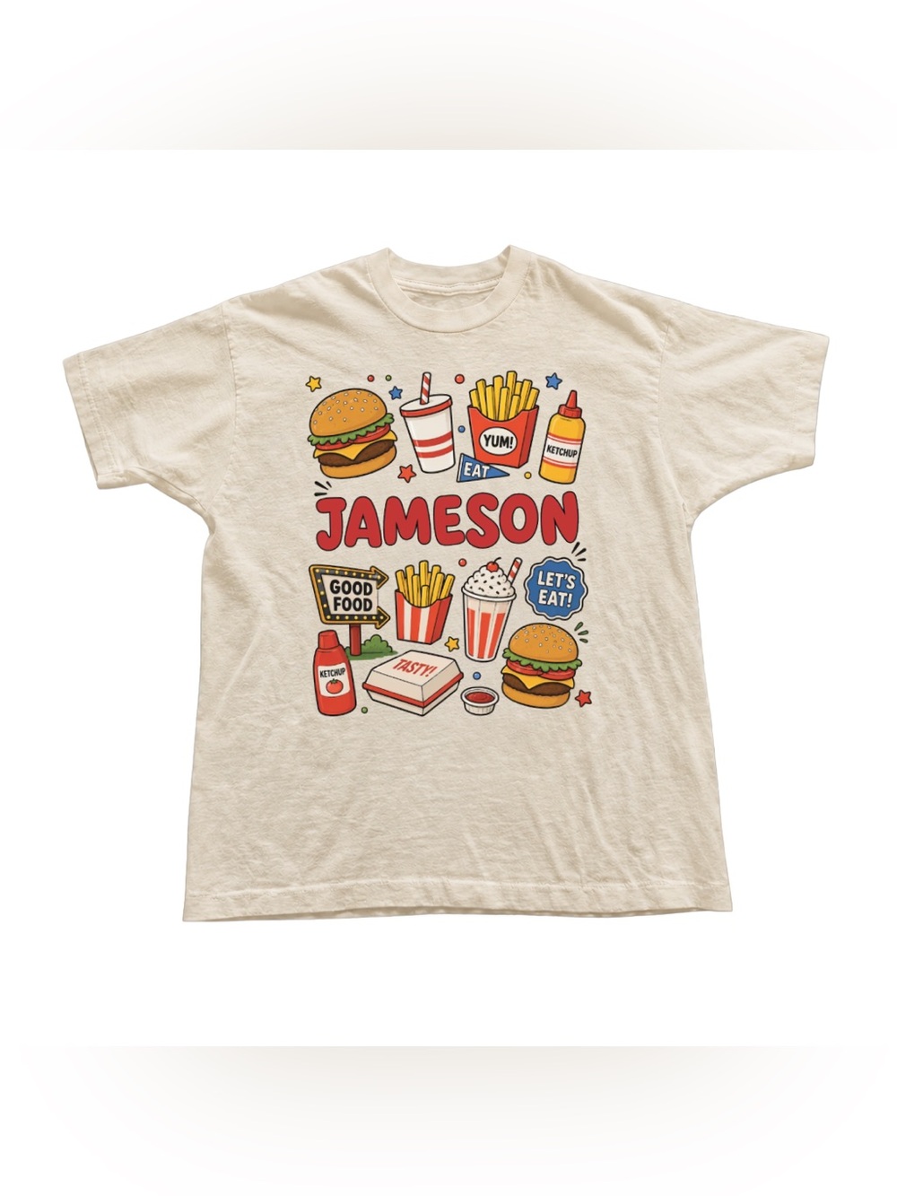 Off White Short Sleeve Tee with Colorful Fast-Food Graphic and Name